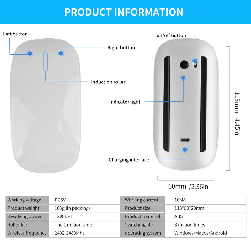 Bluetooth 4.0 Wireless Mouse Rechargeable Silent Multi Arc Touch Mice Ultra-Thin Magic Mouse for Laptop Ipad Mac PC Macbook